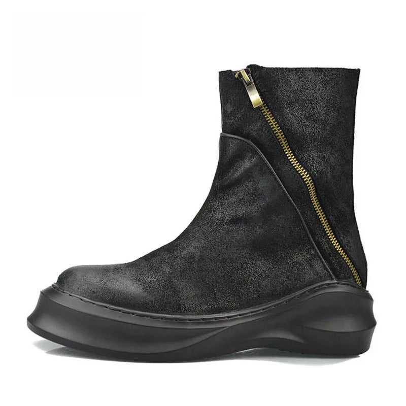 Bota Masculina Casual Plataforma com Zíper e Bico Redondo Estilo Vintage – (Promoção de Inverno 2025)