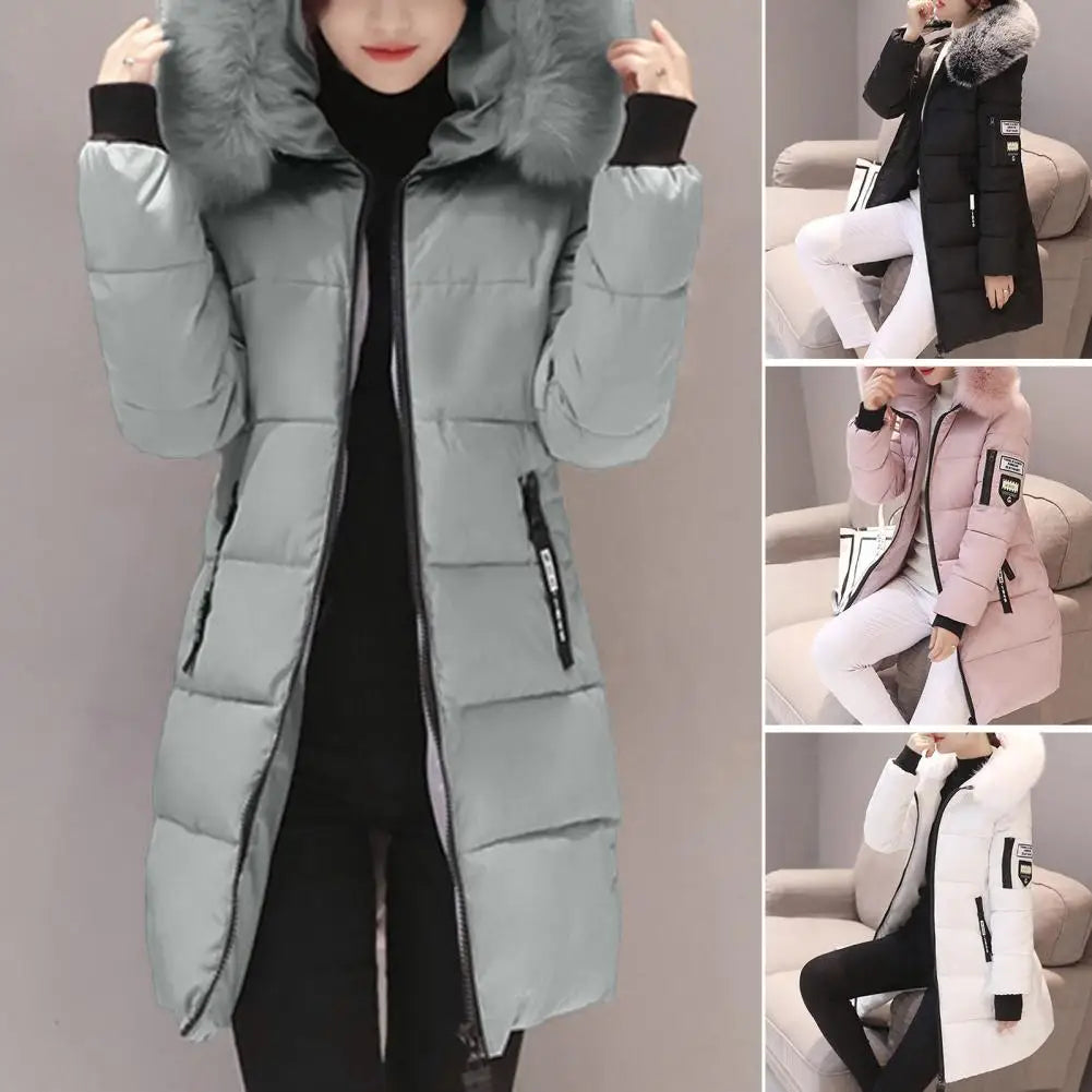 Casaco Feminino Longo Acolchoado com Capuz Bolsos com Zíper – (Promoção de Inverno 2025)