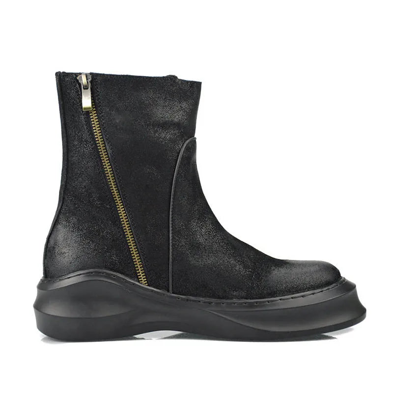 Bota Masculina Casual Plataforma com Zíper e Bico Redondo Estilo Vintage – (Promoção de Inverno 2025)